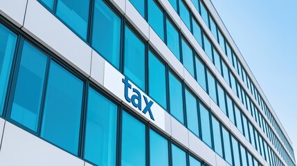 Obraz premium Taxes and government advice, A modern building facade featuring large windows with the word 