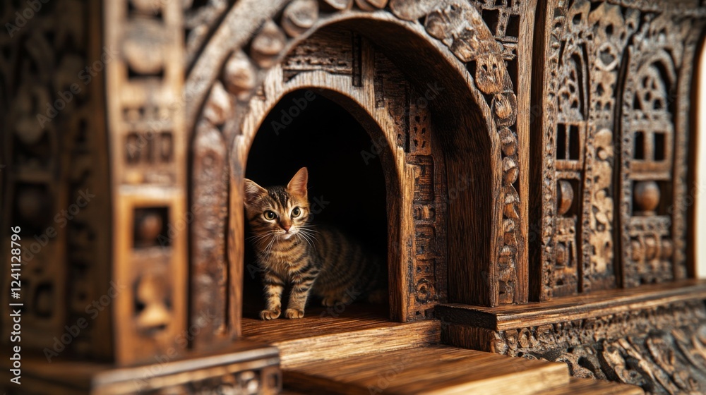 Poster a close-up of a handcrafted wooden cat house, featuring intricate designs and a welcoming entrance, 