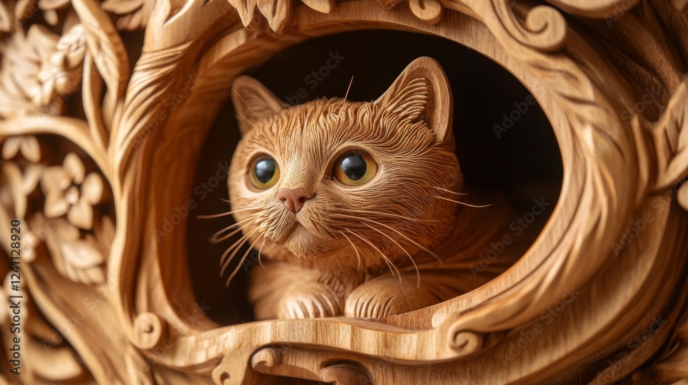 Poster a close-up of a handcrafted wooden cat house, featuring intricate designs and a welcoming entrance, 