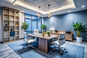 Fototapeta premium modern office interior featuring serene workspace with plants and stylish furniture