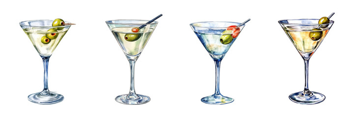 Watercolor set of Martini cocktails with olives png. Martini cocktails in transparent glass glasses with green olives on a transparent background. Watercolor elements of alcoholic drinks.