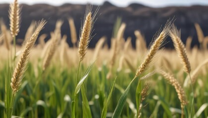 Fototapeta premium Macro shot of young wheat panicles in a wheat farm, crop, farm, wheat, macro