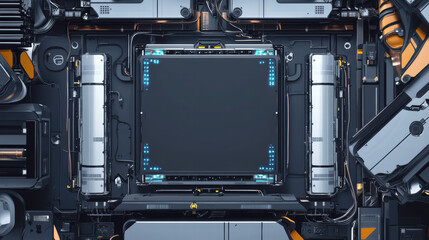 Fototapeta premium High tech robot assembly line for electric car battery cell production, showcasing advanced machinery and intricate components. image reflects innovation and precision in manufacturing