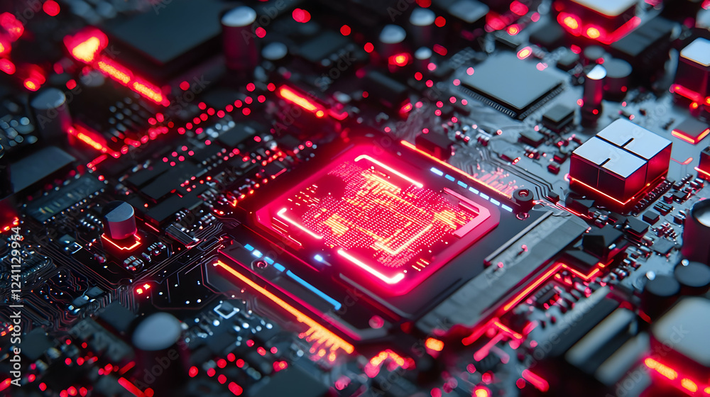 Poster close-up of a glowing microprocessor on a circuit board with intricate details
