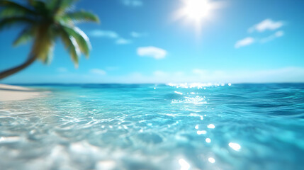 Fototapeta premium A stunning tropical beach with clear blue water and a bright sun shining overhead, perfect for relaxation and escape.
