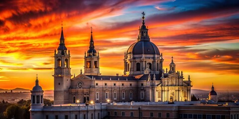 Naklejka premium Madrid Sunset Silhouette: Almudena Cathedral & Royal Palace El Pardo