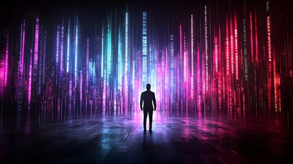 Minimalist concept art depicting the silhouette of a businessman against a backdrop of market tickers investment growth trends and a futuristic cityscape symbolizing the intersection of finance