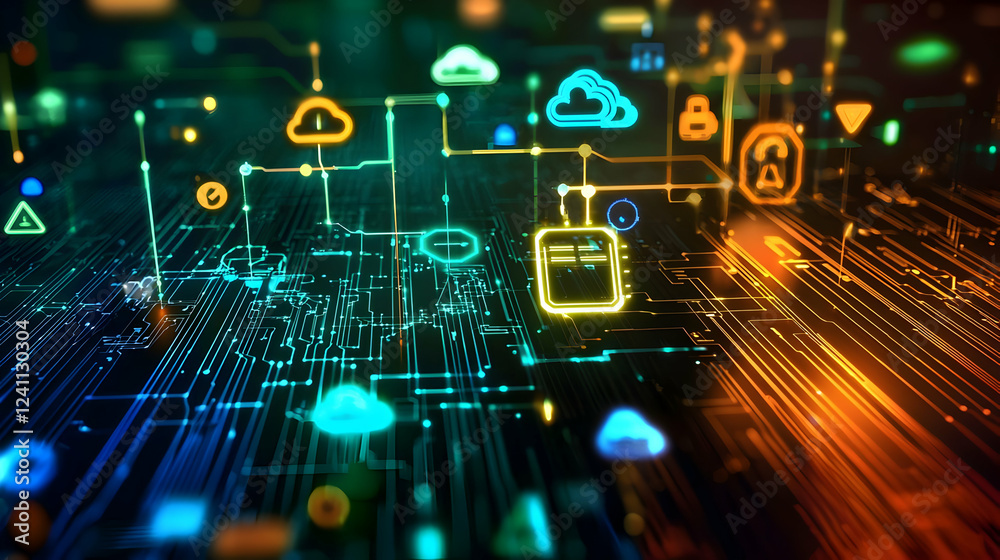 Poster colorful abstract digital network with icons representing cloud computing and security
