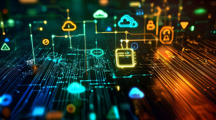 Colorful abstract digital network with icons representing cloud computing and security