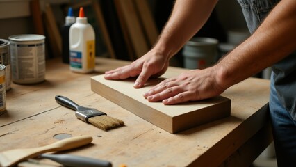 A person restoring an old bookshelf by carefully removing old layers of paint, with brushes, sandpaper, and wood glue on a workbench