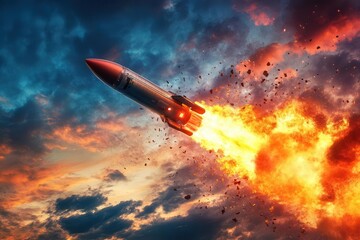 futuristic rocket blasting off against a vibrant sky, engulfed in fiery ignition and smoke plumes highlighting the essence of technological advancement and aspiration