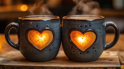 Two coffee mugs with heart designs steaming together