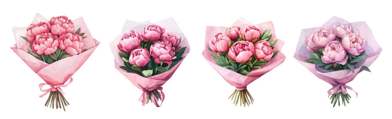 Watercolor set of bouquets of peonies in a pink wrapper png. A bouquet of pink peonies in a watercolor gift box. Flower shop, gift of peonies. Vector illustration. © Narin
