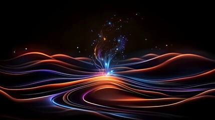 Fototapeta premium Glowing energy plant bursts in dark wavy landscape; abstract background for science or fantasy