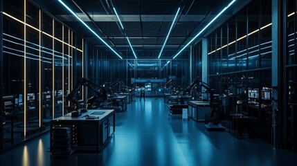 Fototapeta premium A modern factory interior, illuminated by robotic arms assembling electronics, sleek metallic walls, automated conveyor belts, glowing LED strips
