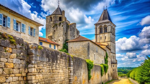 Majestic Abbey Tower & Wall in Charroux, France: Historic Stone Architecture Stock Photo