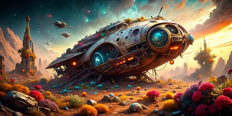 Obraz premium Macro Sci-Fi Spaceship Wreckage on Alien Planet: Vivid Colors & Intricate Details