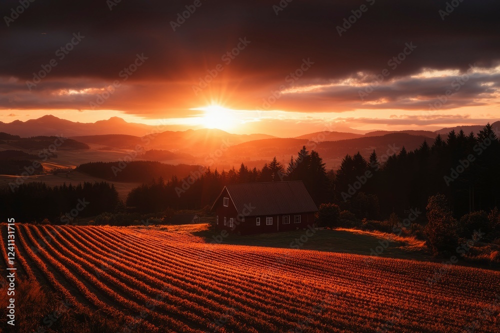 Wall mural Red Barn Sunset Over Rolling Hills Farmland