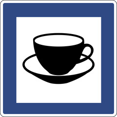 Cafe road information sign. Informs road users about the location a cafe nearby where they can stop for rest and food. Service sign. Sign coffee, tea.