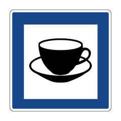 Cafe road information sign. Informs road users about the location a cafe nearby where they can stop for rest and food. Service sign. Sign coffee, tea.