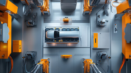 High tech robot assembly line featuring electric car in production. advanced machinery and automated systems highlight modern manufacturing technology and efficiency