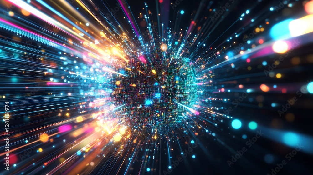 Poster vibrant explosion of light and color in abstract digital visualization of data and energy flow