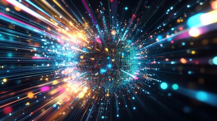 Fototapeta premium Vibrant explosion of light and color in abstract digital visualization of data and energy flow