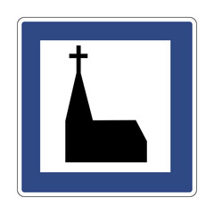 Road sign church. Information sign. Informs drivers about the presence a nearby religious object such as a church cathedral or chapel.