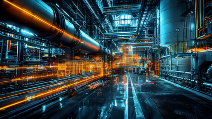 Obraz premium Futuristic industrial facility featuring illuminated pipes and machinery in action