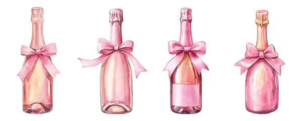 Watercolor pink champagne bottle png. Watercolor set of pink champagne bottles decorated with a pink satin ribbon bow.Sparkling wine. Celebrating the side turned.