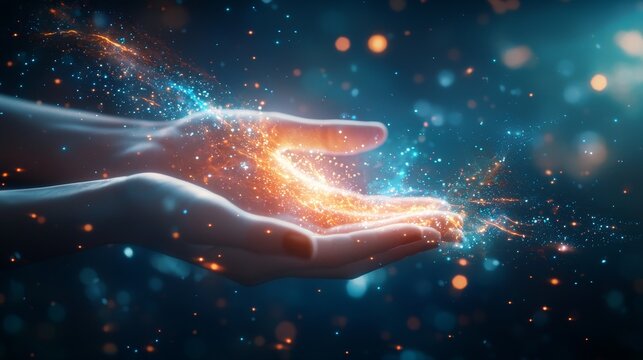 A pair of cropped hands gently holding a swirling galaxy, dark ethereal background, illuminated by soft glowing stardust, fantasy style, vibrant cosmic colors
