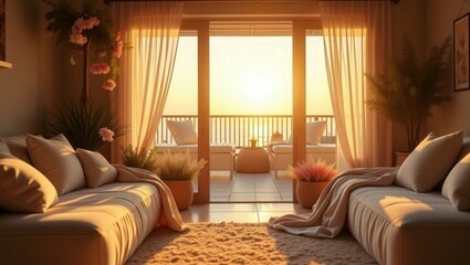 Fototapeta premium Cottagecore design of modern Balcony at Golden Hour, cinematic photography