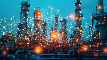 Obraz premium Industrial landscape with illuminated refineries and digital connections at dusk