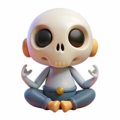 Cute Cartoon Skull in Meditation Pose. 3D Render of a Serene Character