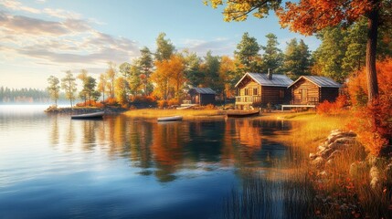 Obraz premium Serene Lakeside Cabins Surrounded by Autumn Foliage at Sunrise