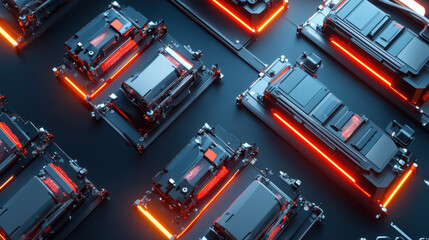 Fototapeta premium Innovative electric car battery assembly line with glowing components, showcasing advanced technology and modern design. vibrant colors highlight efficiency of production process