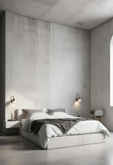 Minimalist bedroom with a bold white concrete wall as focal point, modern design, simple furniture, white concrete wall