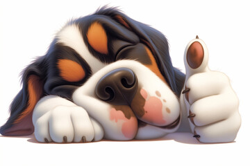 Funny sleeping dog with thumb up on white background