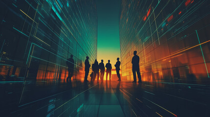 Obraz premium Group of business people silhouettes in modern office building and business network concept. Human resources with pastel innovation charts and graphs with statistics to analyze business