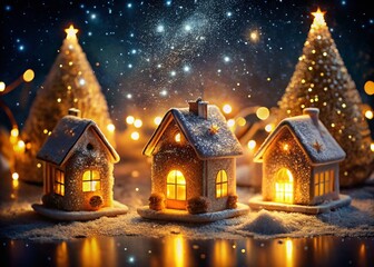 Fototapeta premium Magical Double Exposure: Glowing Sugar Houses at Night