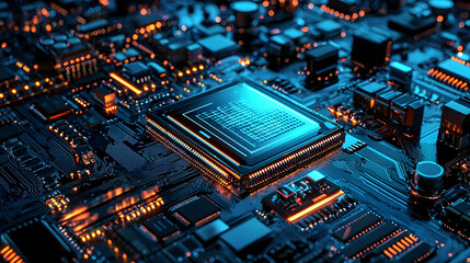 Obraz premium Close-up of a high-tech microchip on a circuit board illuminated by blue and orange lights