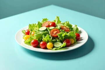 Fresh and Colorful Salad with Crisp Lettuce, Cherry Tomatoes, and Cucumber Slices on a Ceramic Plate Healthy Vegan Meal with Natural Lighting, Perfect for a Nutritious Diet and Food Photography Inspir