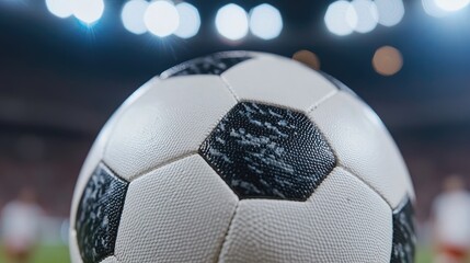 Soccer ball close-up, stadium background, night game