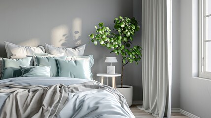 Stylish Serene Retreat Bedroom in Soft Gray with Minimalist Design, Light Blue Cushions, White Bedside Lamp, and a Simple Green Plant