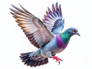 Obraz premium Majestic Flying Pigeon Profile, Wings Up, Isolated on White Background