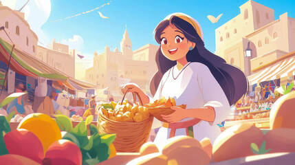 Naklejka premium Sunlit Market Day: Girls Joyful Harvest