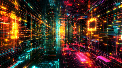 Fototapeta premium Vibrant digital corridor with glowing lines and patterns showcasing technology