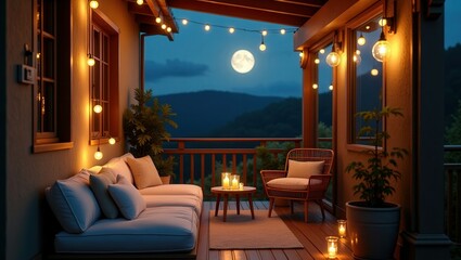 Cottagecore design of modern Balcony at Night, cinematic photography