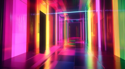 A neon-lit hallway, reminiscent of the style found in experimental digital art and glitch graphics
