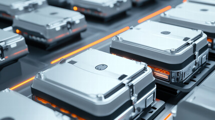 Innovative electric car battery assembly line with advanced technology and precision. image showcases close up view of battery packs, highlighting their sleek design and efficient layout